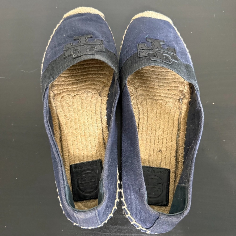 Tory Burch Weston Flat Espadrilles Womens 9 Navy‎ Canvas Classic Slip-On Shoes - Picture 5 of 8